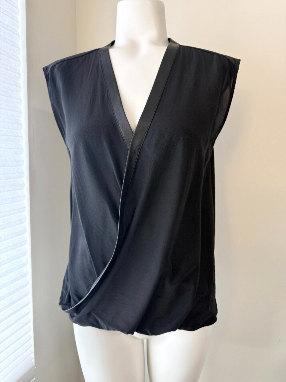 Bailey 44 Black Cross Body Silk Top with Eco Leather Trim